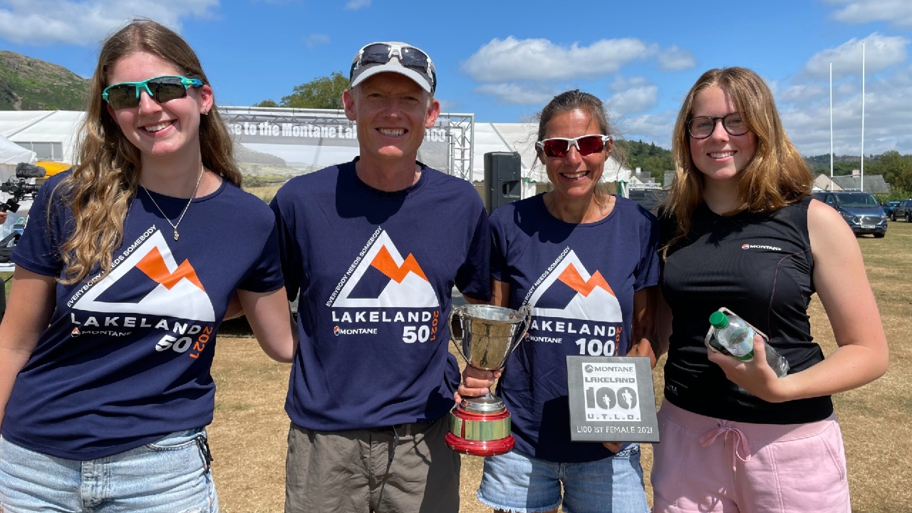 Anna Troup at the Lakeland 100 weekend with husband Richard and daughters Milly and Bella