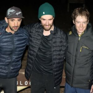 Barkley Marathons 2023 finishers Aurelien Sanchez, John Kelly and Karel Sabbe photo credit: Davidmillerphotography_ on Instagram