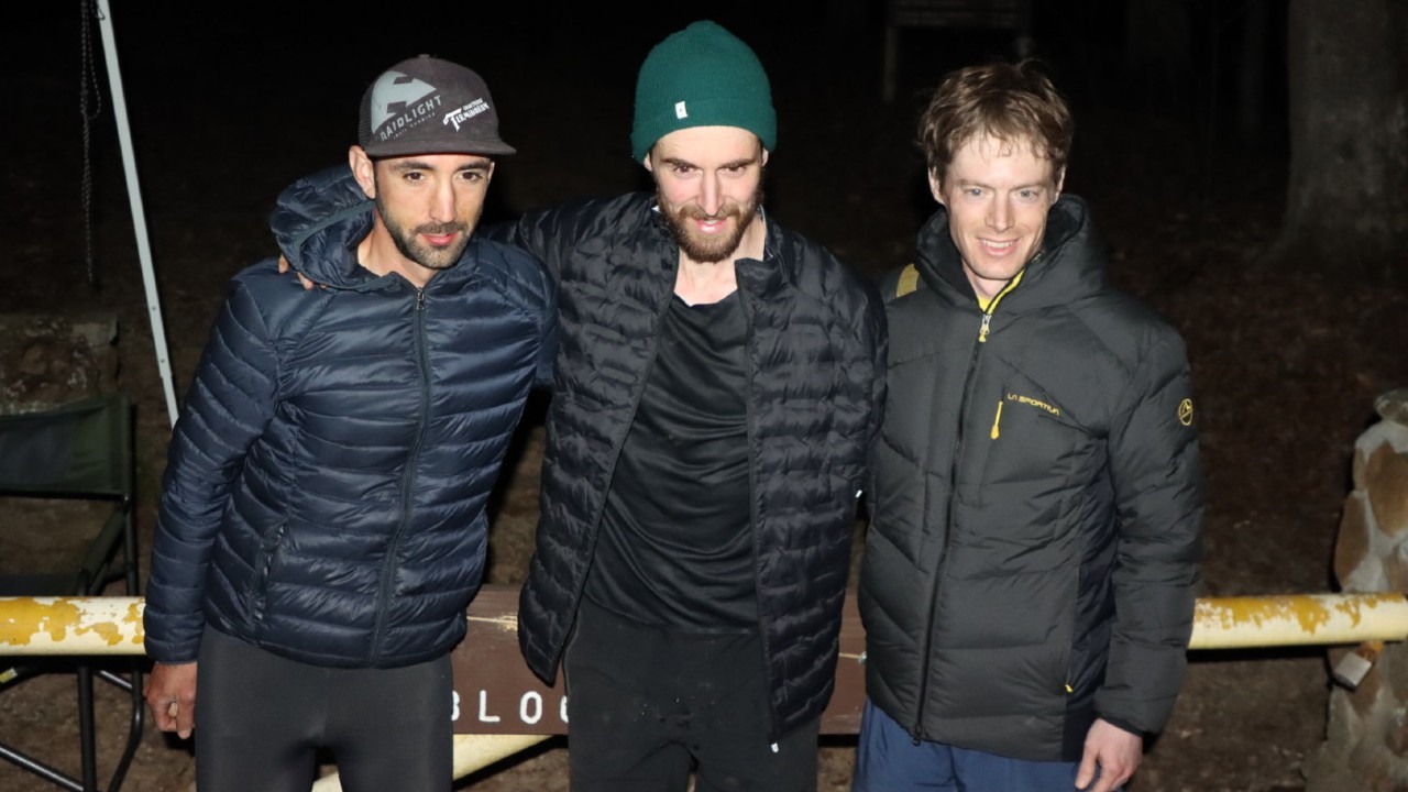 Barkley Marathons 2023 finishers Aurelien Sanchez, John Kelly and Karel Sabbe photo credit: Davidmillerphotography_ on Instagram