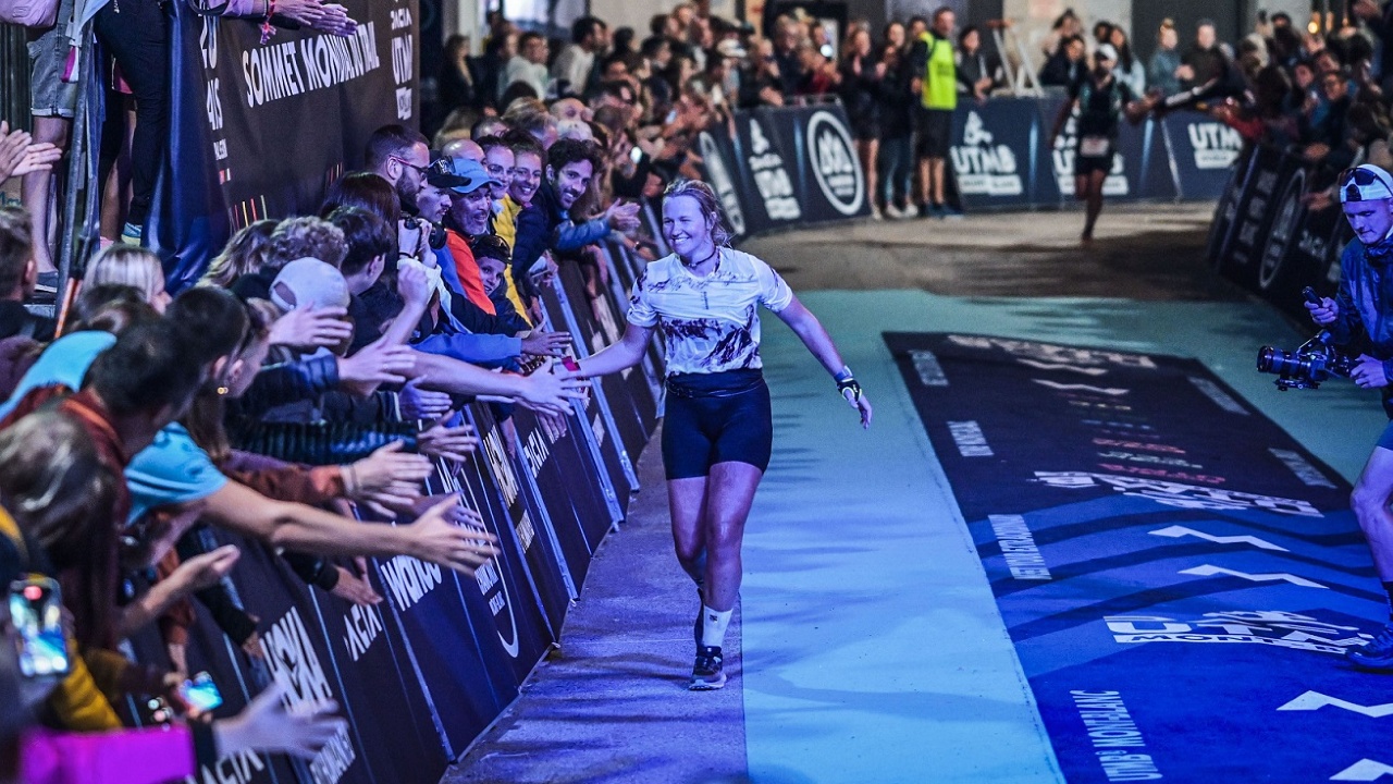 Lucy Bartholomew finishing 10th at UTMB this year