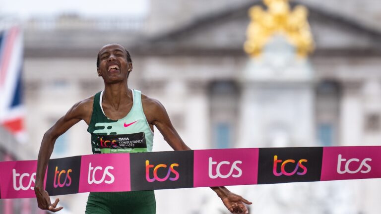 Sifan Hassan crosses then line to win the Elite Women’s race at The TCS London Marathon 2023 Photo credit: TCS London Marathon