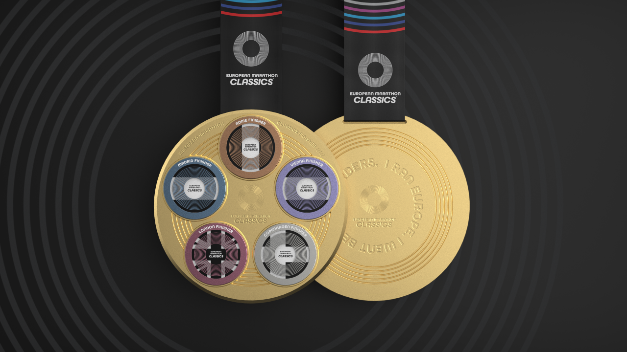 The new medals which will be presented to athletes who complete any five of the new European Marathon Classics.