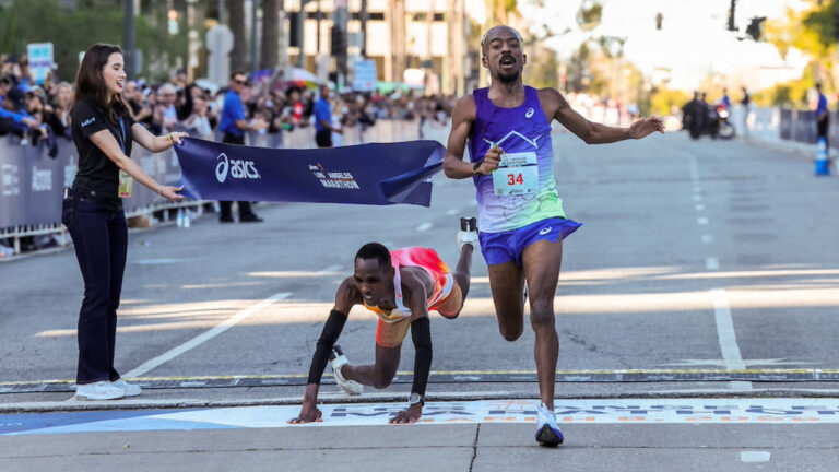Nathan Martin (USA) beats Kenyan Michael Kamau on the line in the LA Marathon 2026.