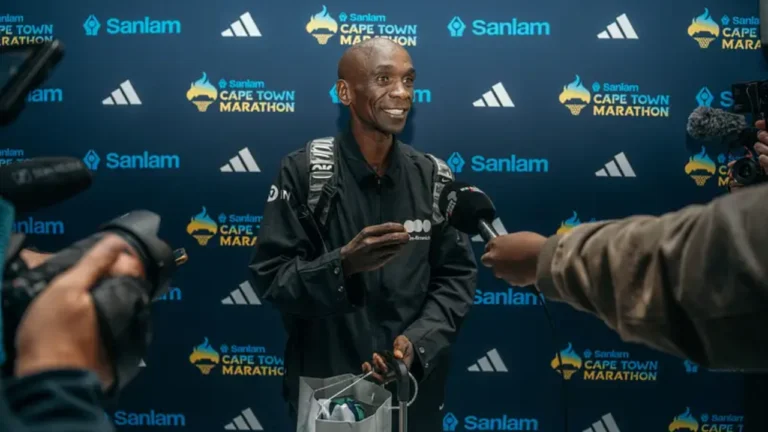 Eliud Kipchoge speaking before the Cape Town Marathon 2026.