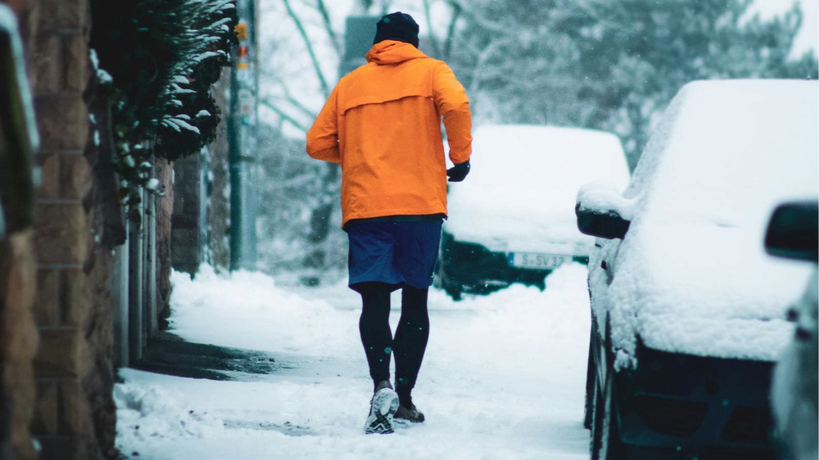 new snowshoe runner wearing winter gear and snowshoes on a snow covered trail