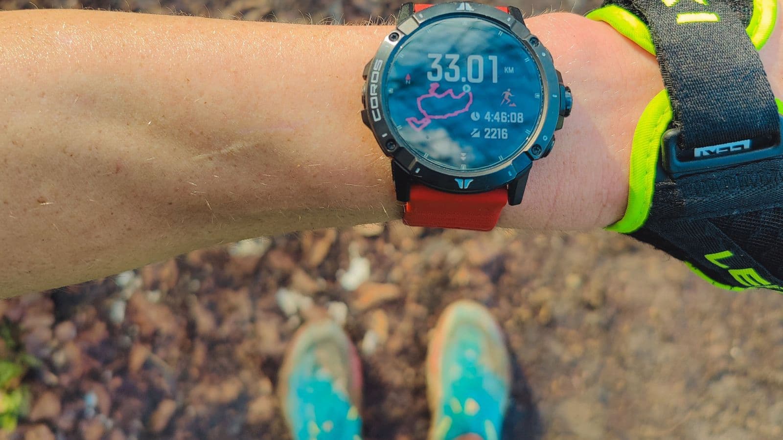 Trail runner checking a GPS sports watch before starting a run through a forest trail.