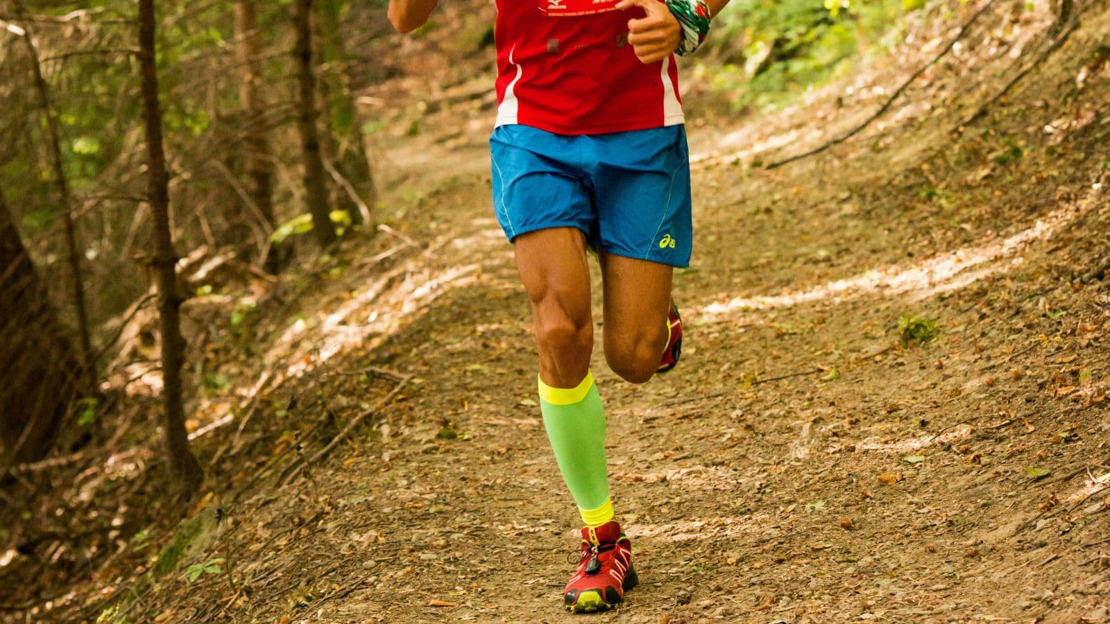 Trail runner running beneath dense woodland where tree cover may reduce GPS signal accuracy.