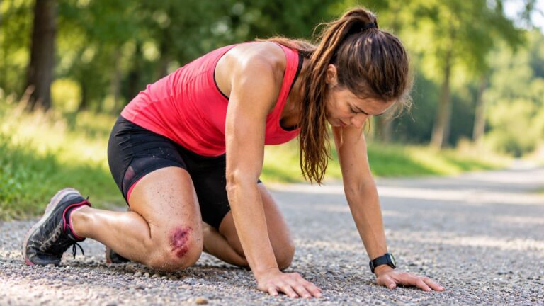 Runner sitting on a park bench and carefully examining a swollen, bruised knee after falling onto a hard trail surface.