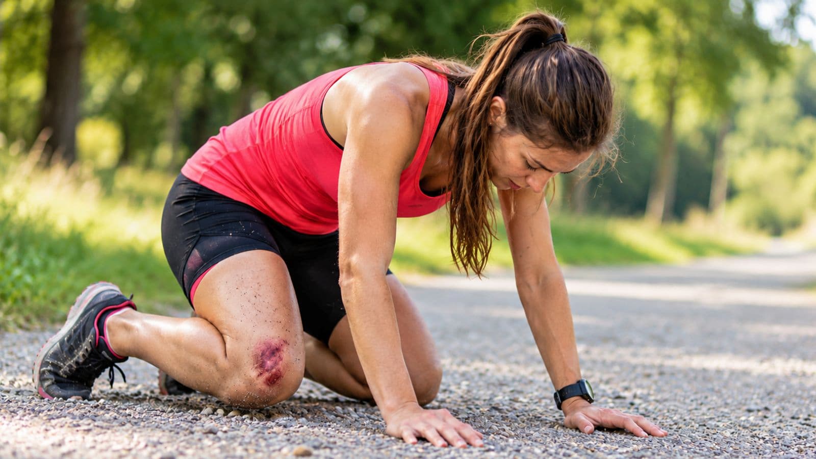 Runner sitting on a park bench and carefully examining a swollen, bruised knee after falling onto a hard trail surface.